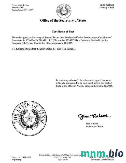 USA Texas vcertyfikat of fact Word i szablon PDF